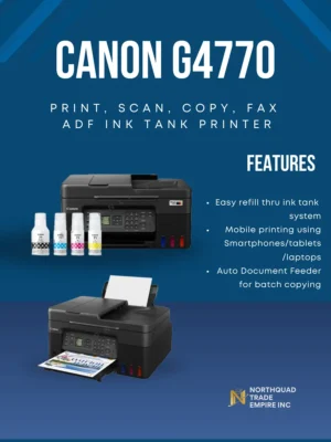 Easy refill thru ink tank system Mobile printing using Smartphonestablets laptops Auto Document Feeder for batch copying CANON PIXMA G4770 WIRELESS MEGATANK PRINTER